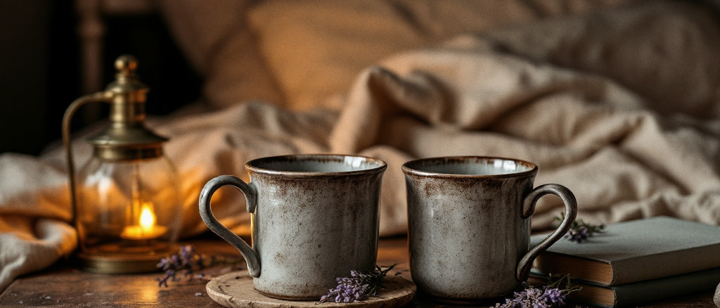 Two stoneware mugs resting close together, books and a warm lantern on a bedside table
