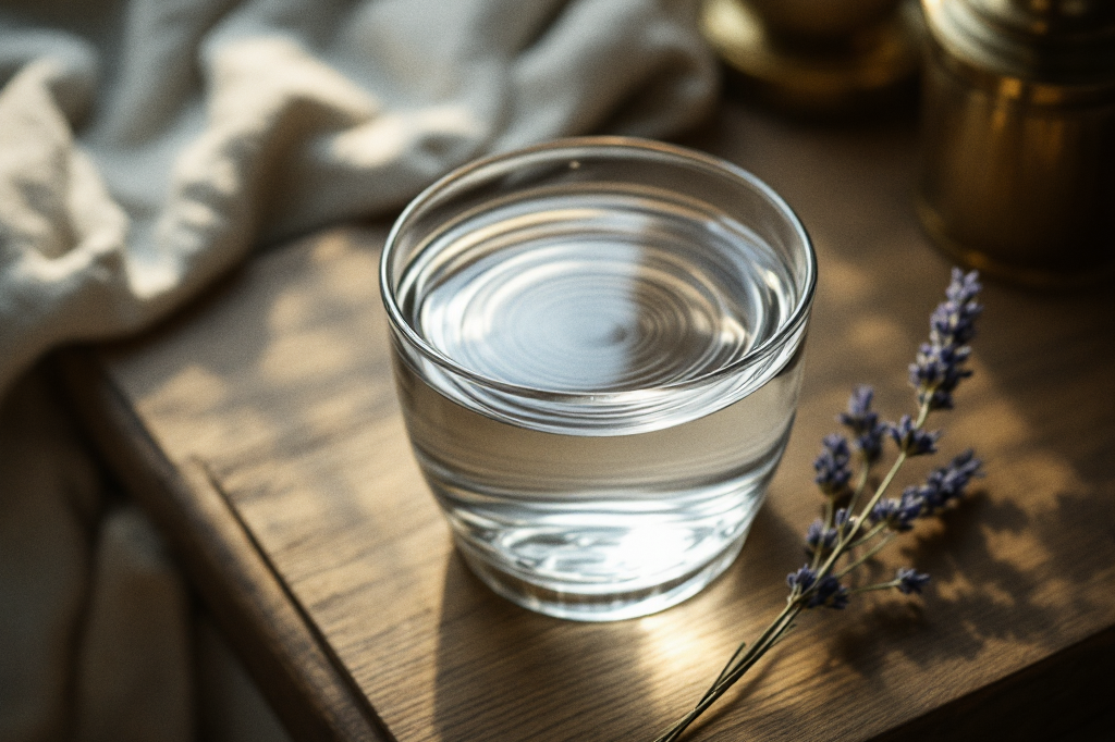 A glass of water seen from above, fine concentric ripples spreading across its surface as if from a soft sound