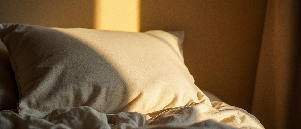A soft pillow and rumpled linen glowing in warm low light at the end of the day