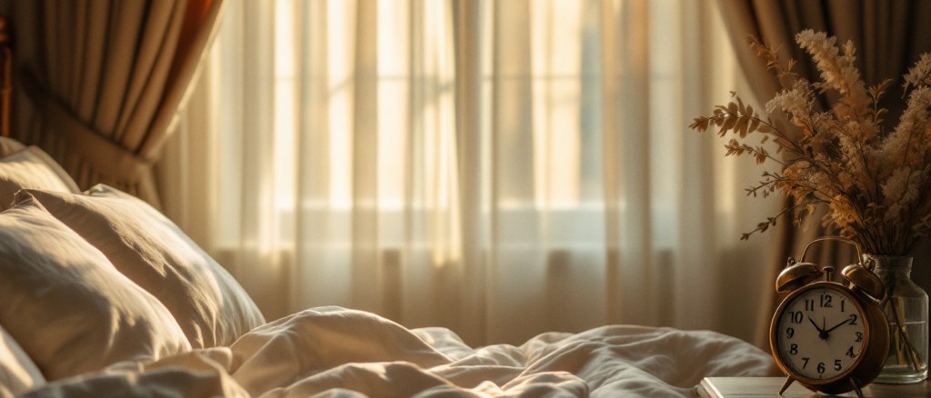 First dawn light spilling across a calm bedroom, a small brass alarm clock on the nightstand
