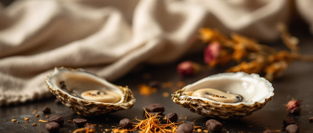 Open oyster shells, saffron threads and cacao nibs on a polished dark surface in dramatic warm light