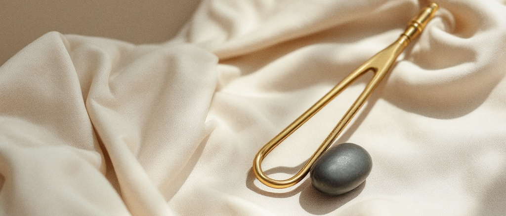 A brass tuning fork and a smooth dark stone on warm cream linen