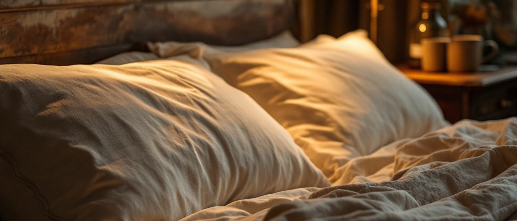 A warm shared bedroom at dusk, two pillows and two stoneware mugs beside a low lamp