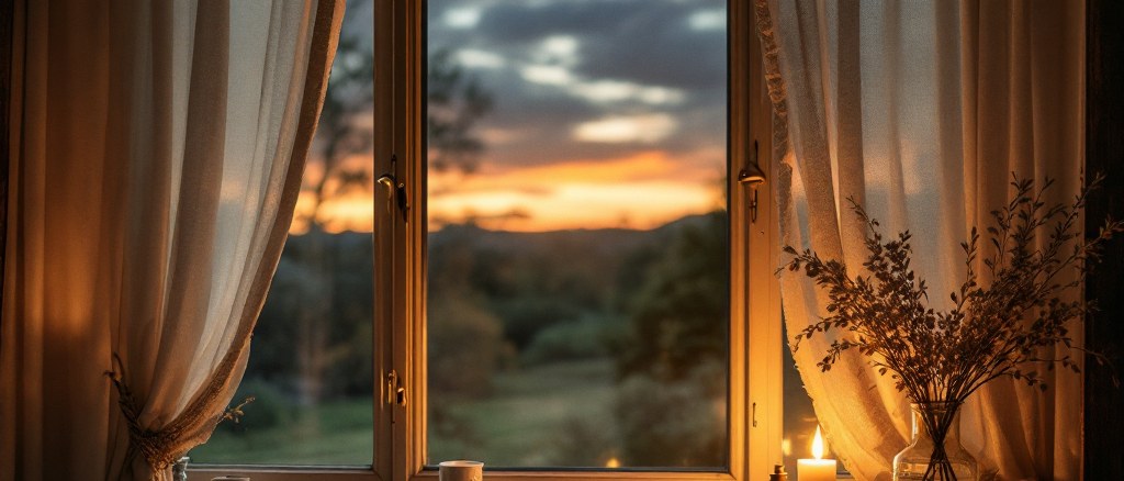 A tranquil bedroom window at nightfall, a dusk sky beyond and a warm lamp glowing inside