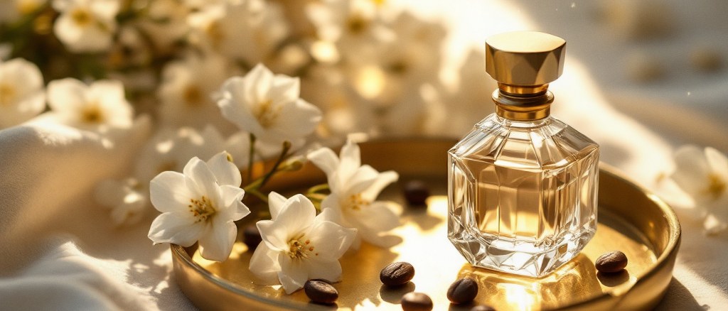 White jasmine flowers and tonka beans beside a small faceted perfume bottle on a warm brass surface