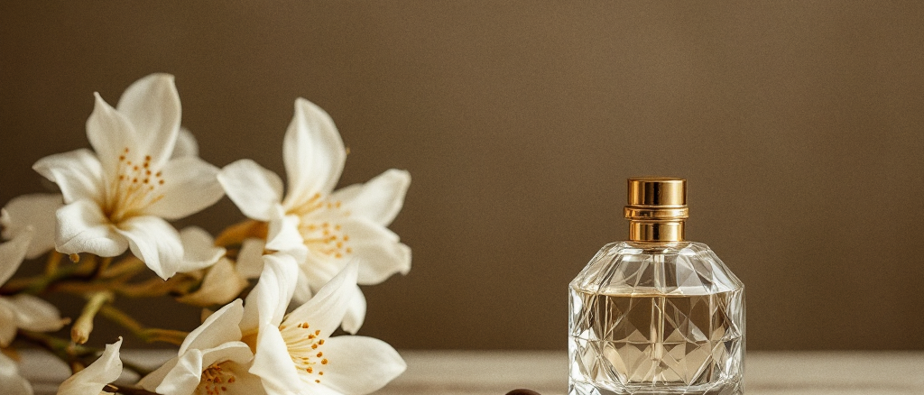 White jasmine flowers and tonka beans beside a small faceted perfume bottle on a warm brass surface