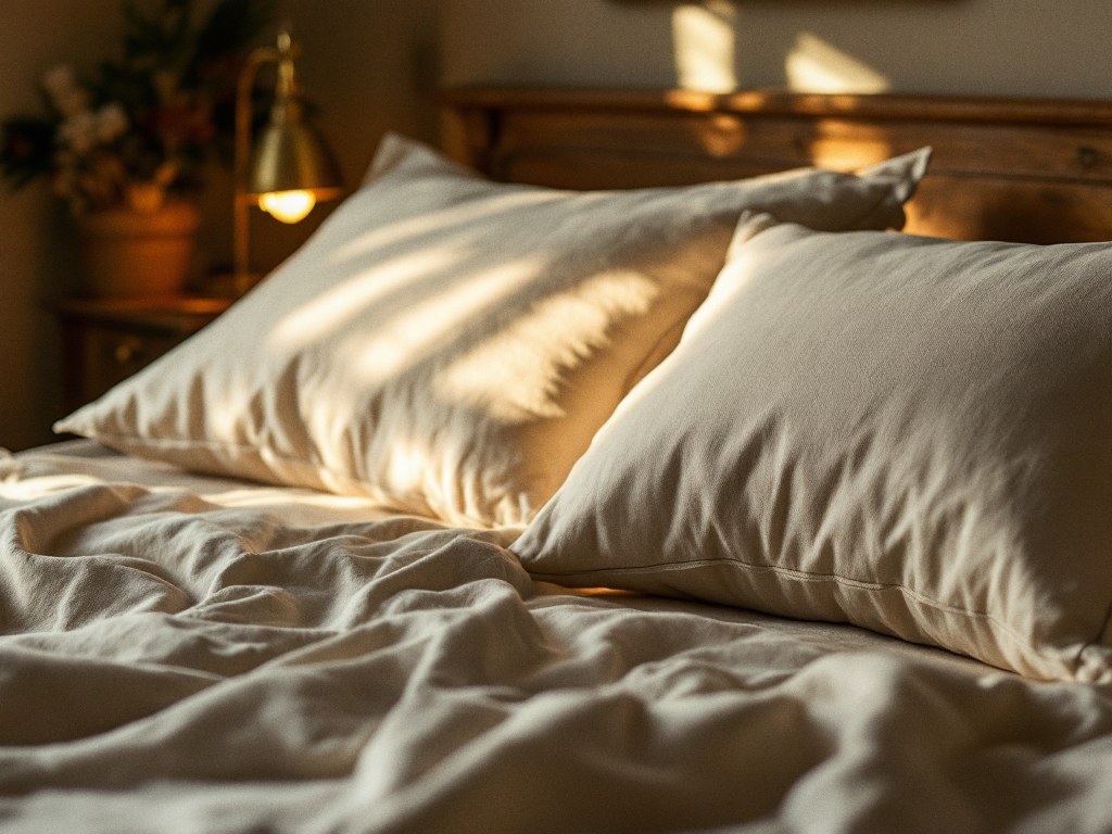 Two linen pillows side by side on a softly rumpled bed, lit gold by a brass bedside lamp