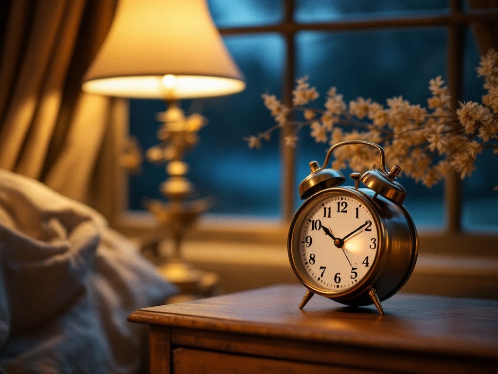 A vintage brass alarm clock on a bedside table, a lamp glowing warm behind it and deep blue night at the window