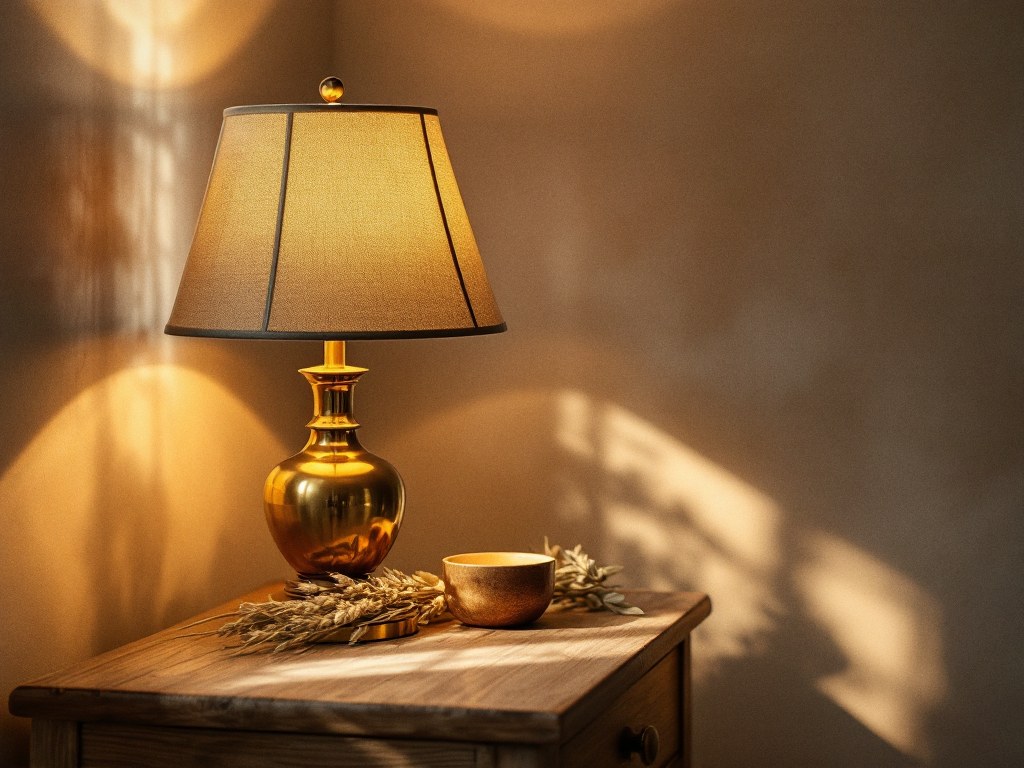 A small brass table lamp turned low on an aged oak side table, its glow spilling across the wood