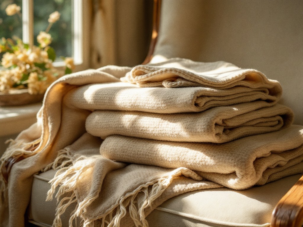 Folded wool blankets on the arm of a linen chair, bright afternoon sun falling across them