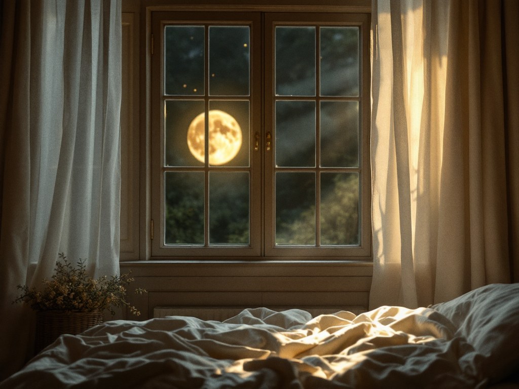 An open sash window with a linen curtain lifting on the breeze, full moonlight across a crumpled bedsheet