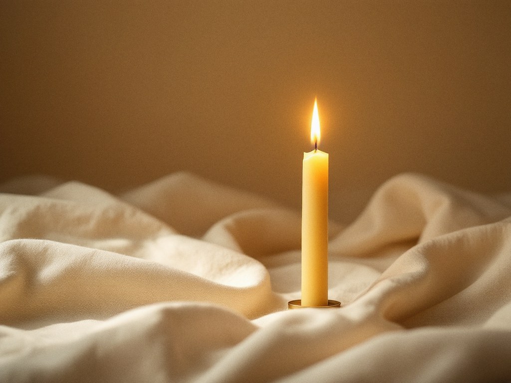 A single tall beeswax candle burning with a steady flame, standing on folds of warm cream linen