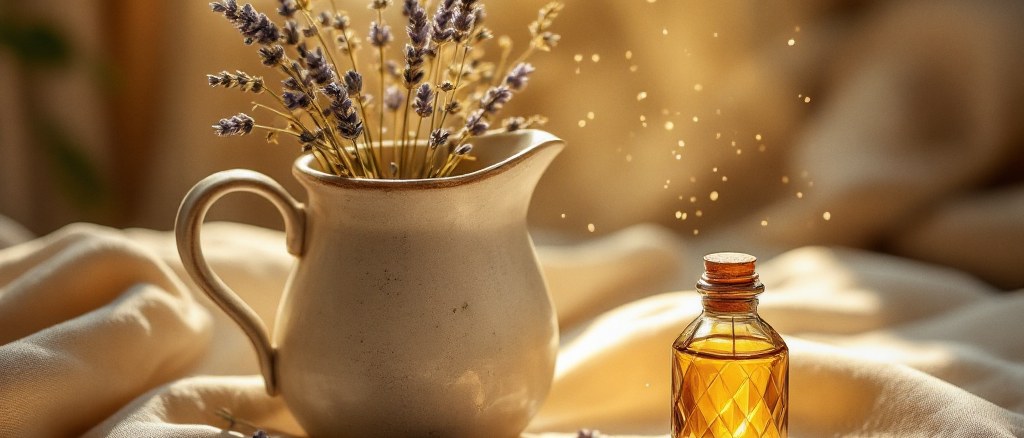 Dried lavender tied with twine beside an amber dropper bottle on a dark wooden table