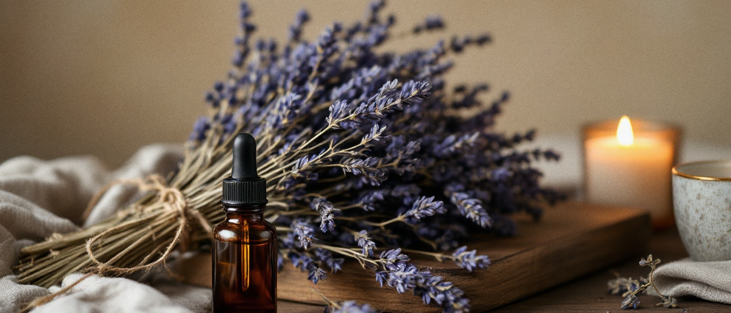 Dried lavender tied with twine beside an amber dropper bottle on a dark wooden table