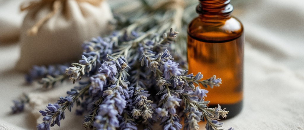 Fresh lavender sprigs and dried chamomile beside a small amber apothecary bottle and a muslin sachet on cream linen