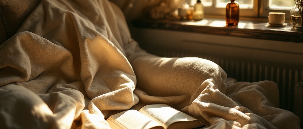 A sunlit afternoon nap corner, a soft armchair and an open book in warm window light