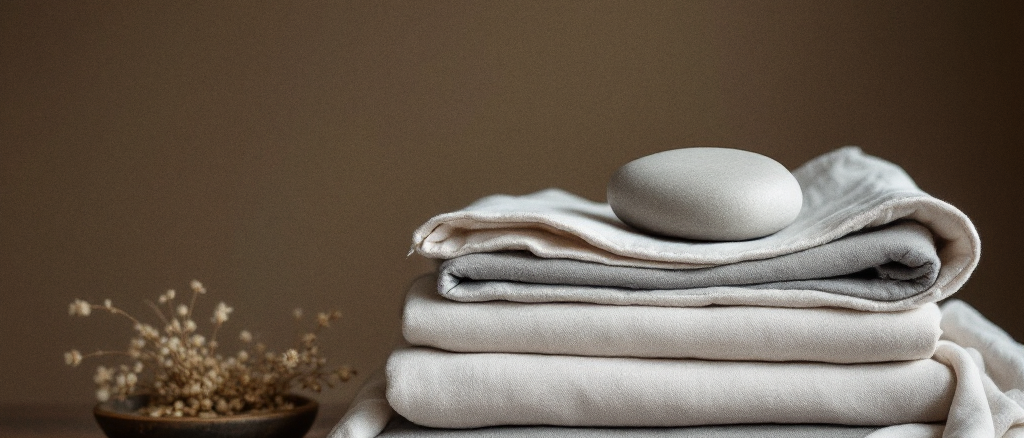 A neatly folded stack of stonewashed linen with a single smooth grey stone on a dark wood table