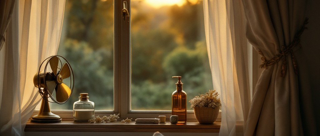 A warm summer-night bedroom, a vintage brass fan on the windowsill and sheer curtains