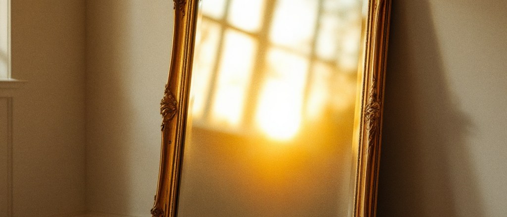 An antique gilt-framed mirror leaning against a pale wall, reflecting a sunlit window in golden evening light