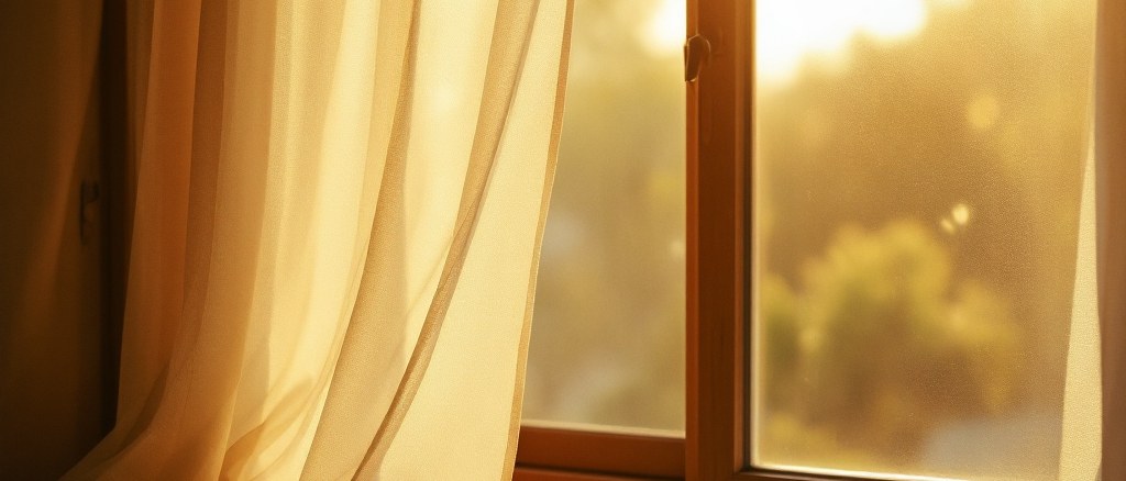 An open window at golden hour, a light gauze curtain lifting softly on a warm breeze