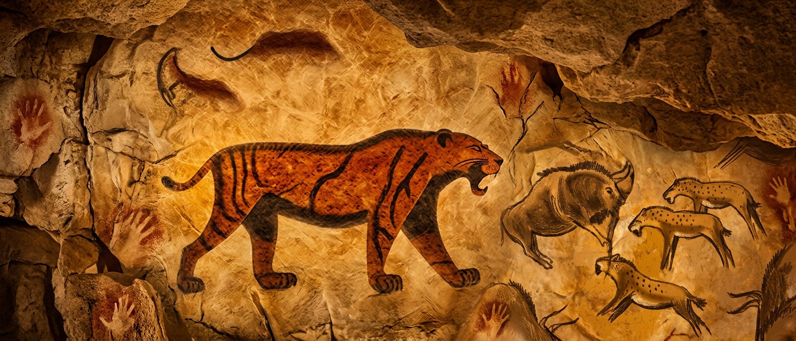 An ochre-and-charcoal cave painting of a sabre-toothed cat on a firelit sandstone cave wall