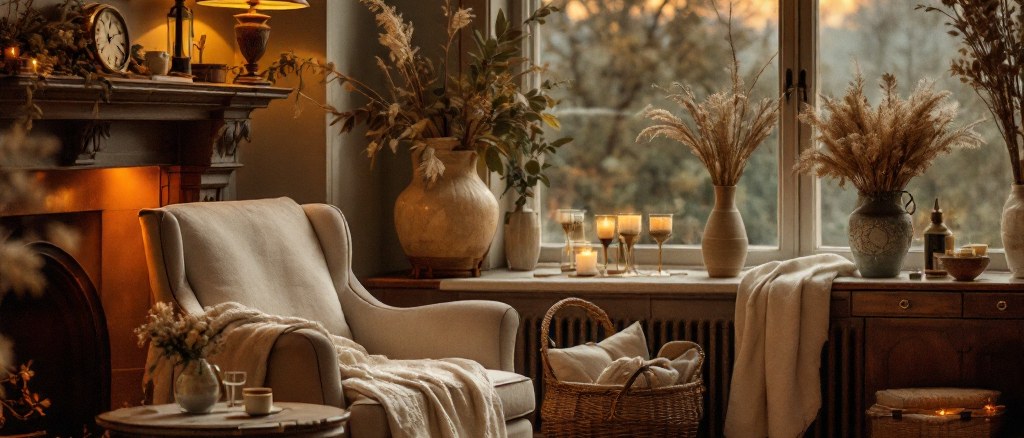 A warm sitting room in the last golden light before night, a lamp lit beside an armchair and a mantel clock