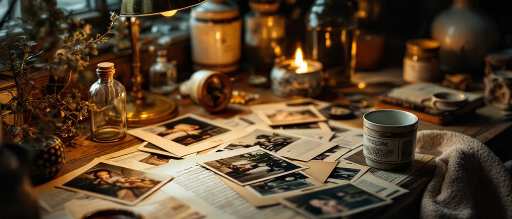 Scattered old photographs and a soft-glowing lamp on an aged-wood desk at night