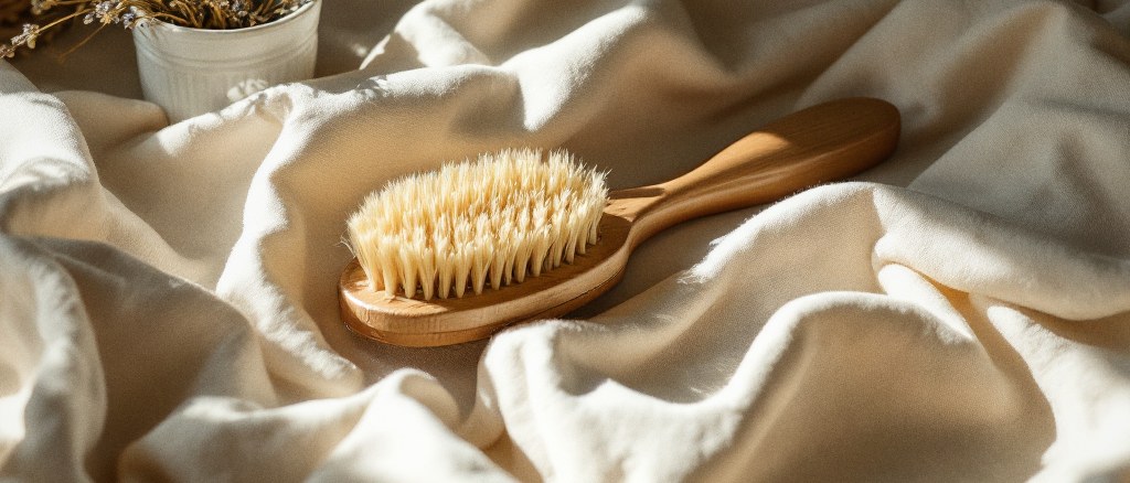 A soft natural-bristle wooden brush resting on rumpled cream linen beside a small pot of dried lavender, in warm morning light