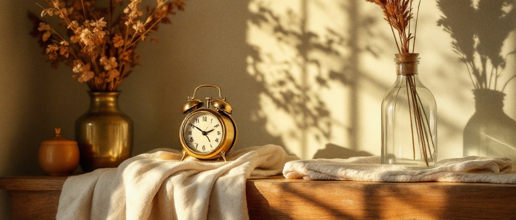 A small brass alarm clock on a worn oak surface beside a folded cream wool blanket, in warm golden afternoon light