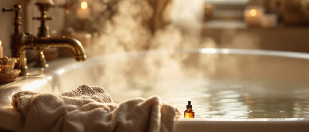 A candlelit evening bath, soft steam rising from still water in warm golden light