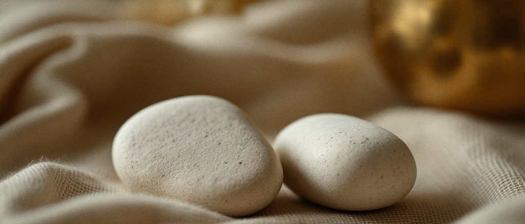 Two hands resting gently near one another on heavy unbleached linen in warm low light