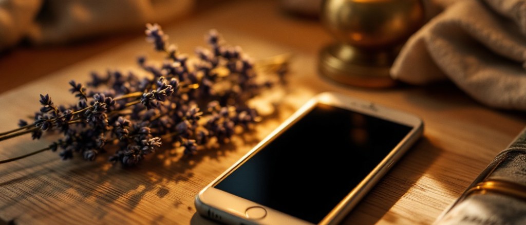 A phone resting face-down and dark on a wooden nightstand beside a softly glowing brass lamp and a sprig of lavender, in warm evening light